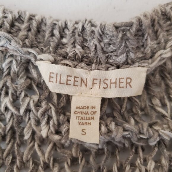 Eileen Fisher Open Knit Sweater Small Pockets Wide Neck Gray‎ White Cotton Blend - Picture 3 of 10
